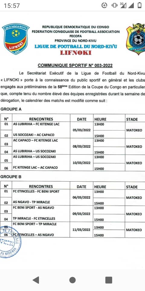 Nord-Kivu: 58 ème  Coupe du Congo, la LIFNOKI réaménage son calendrier de la phase finale