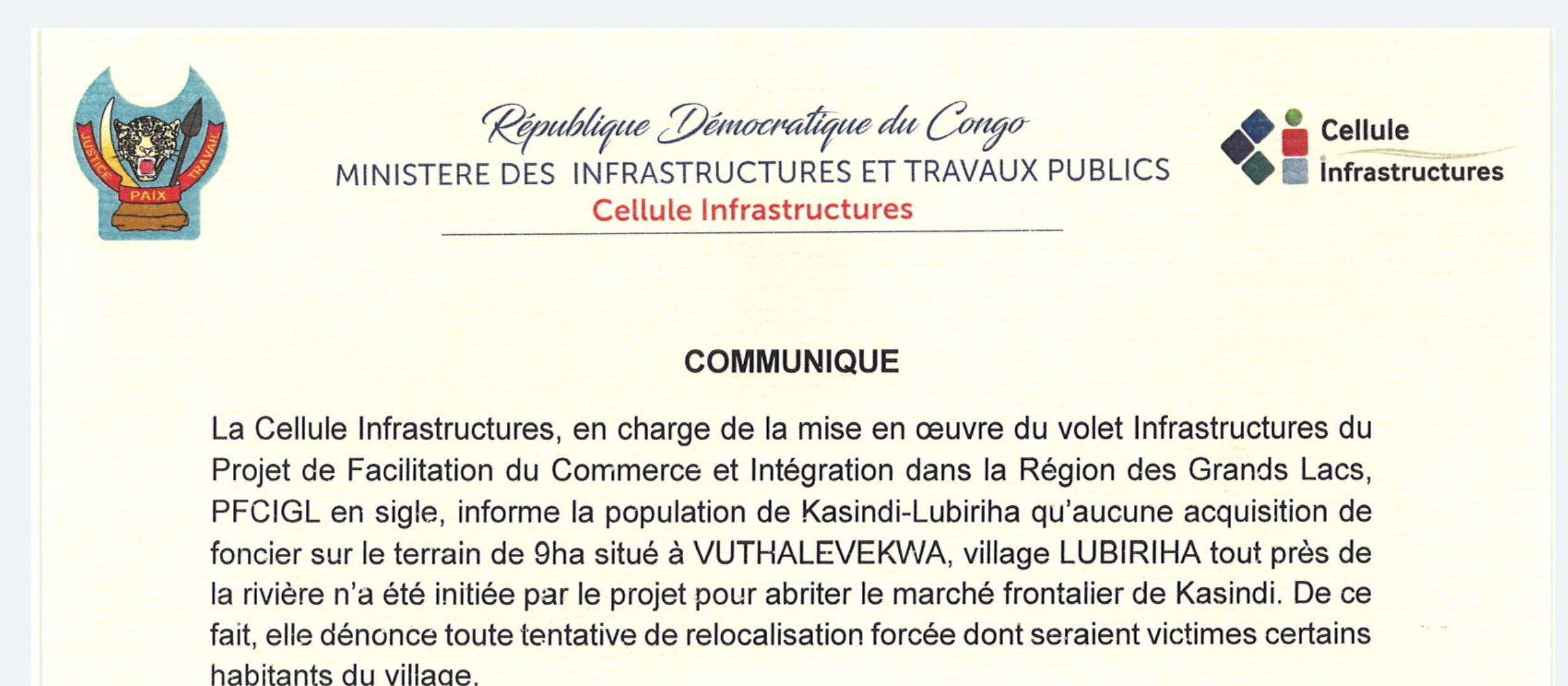 Le Projet PFCIGL n’est pas concerné par l’expropriation du terrain de 9ha situé à VUTHALEVEKWA, village LUBIRIHA tout près de la rivière.(COMMUNIQUE)
