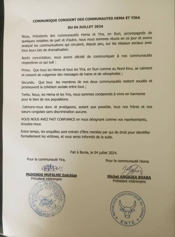 Bunia : les Hema et les Nande appelés à ne pas inonder les réseaux sociaux des messages de xénophobie après des cas de justice populaire dans le Nord-Kivu