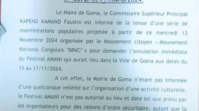 GOMA : «Le festival Amani n&rsquo;est pas autorisé au lieu et date prévu par les organisateurs pour des raisons sécuritaire» ( communiqué de la mairie)