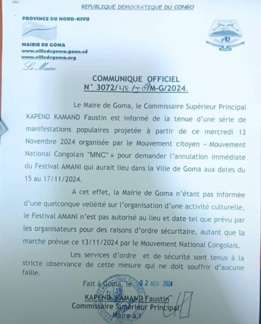 GOMA : «Le festival Amani n&rsquo;est pas autorisé au lieu et date prévu par les organisateurs pour des raisons sécuritaire» ( communiqué de la mairie)