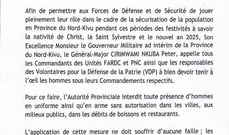 Nord-Kivu: Les autorités renforcent les mesures de sécurité pour les festivités de fin d&rsquo;année