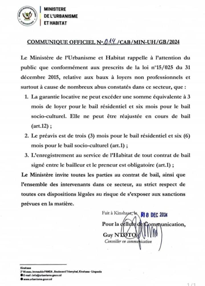 Goma : La garantie locative en contradiction avec la réglementation nationale