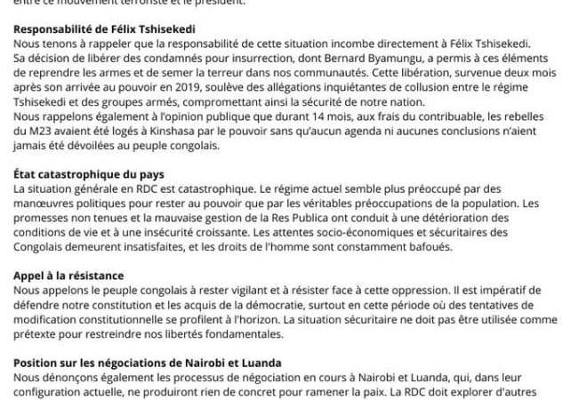 RDC:Les Mouvements Citoyens Congolais dénoncent la progression du M23 et appellent à la résistance nationale