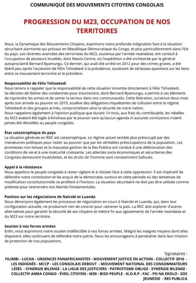 RDC:Les Mouvements Citoyens Congolais dénoncent la progression du M23 et appellent à la résistance nationale