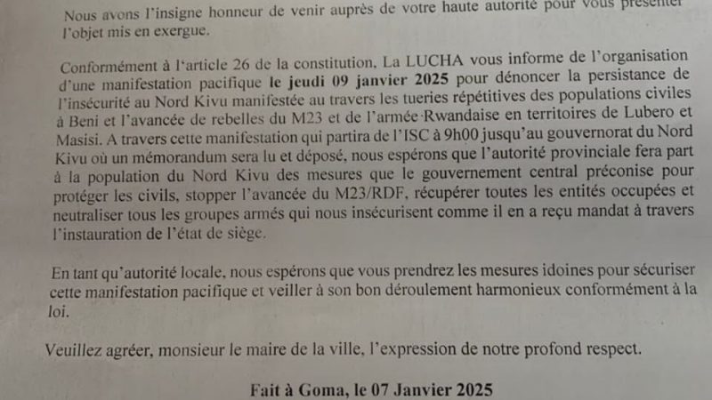 Goma: La LUCHA prévoit une manifestation pacifique ce jeudi 09 janvier pour dénoncer la persistance de l’insécurité au Nord-Kivu
