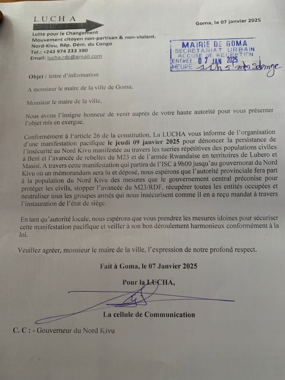 Goma: La LUCHA prévoit une manifestation pacifique ce jeudi 09 janvier pour dénoncer la persistance de l’insécurité au Nord-Kivu
