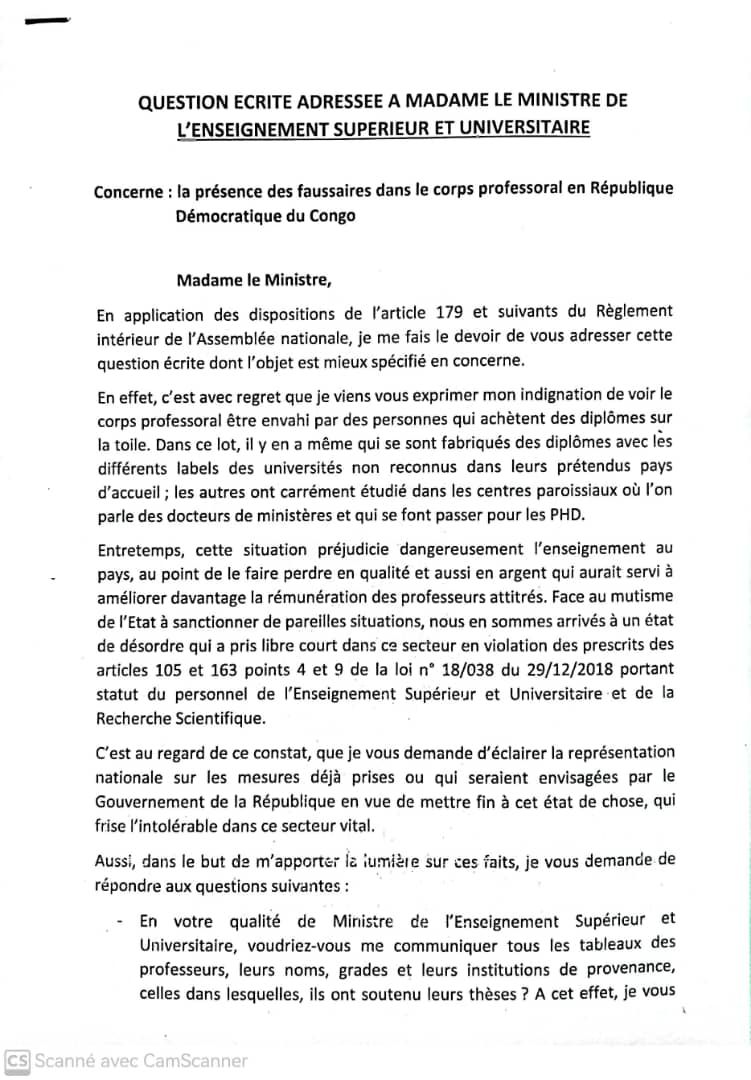 RDC : Une question écrite adressée à la Ministre de l’Enseignement Supérieur sur la présence de faussaires dans le corps professoral