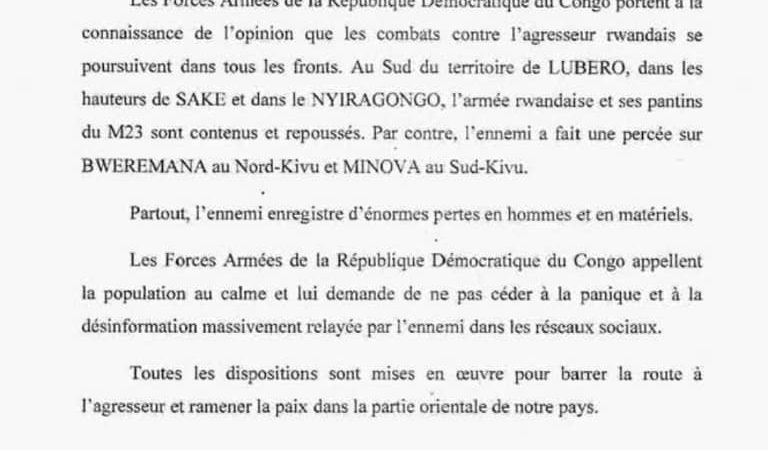 RDC: les FARDC appellent la population au calme et à ne pas céder à la panique malgré la situation critique sur la ligne de fronts.