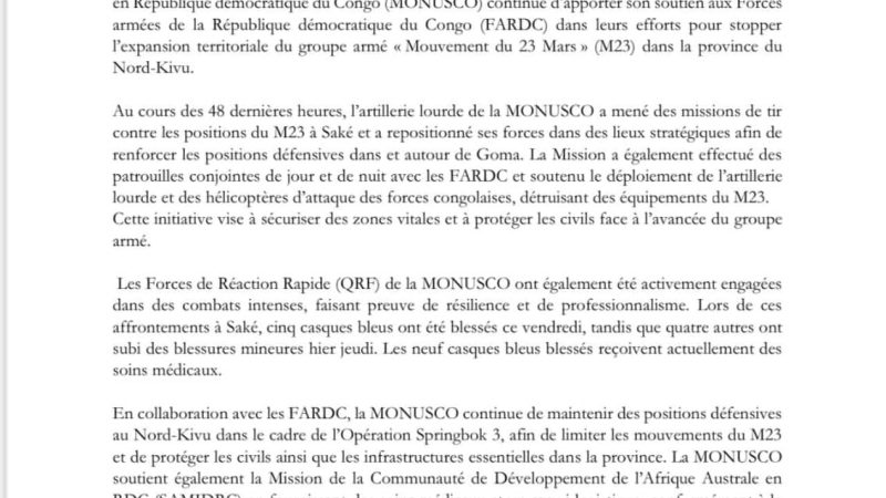 Nord-Kivu:La MONUSCO réitère son soutien aux FARDC contre le M23-RDF-AFC