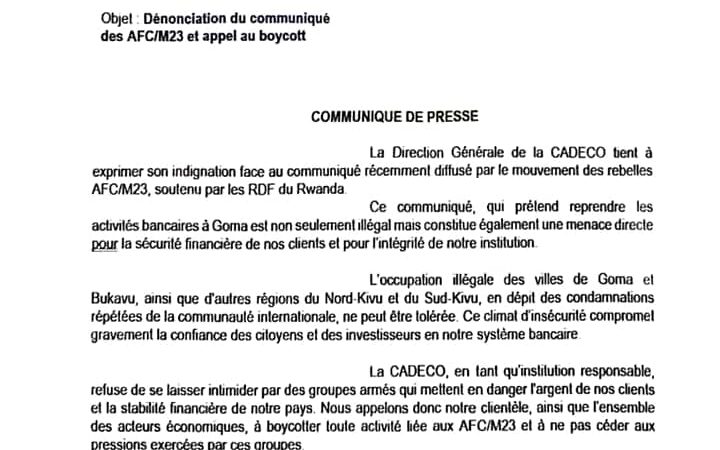 La CADECO dénonce fermement le communiqué des rebelles AFC/M23 et appelle au boycott