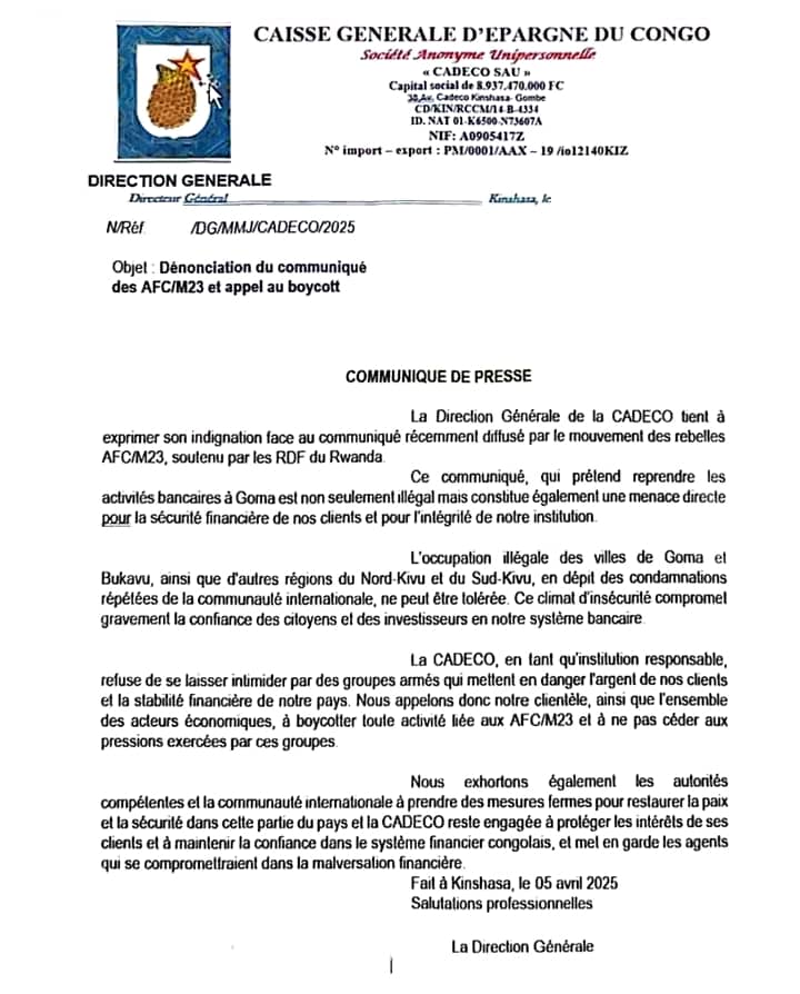 La CADECO dénonce fermement le communiqué des rebelles AFC/M23 et appelle au boycott