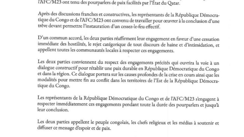 Diplomatie : Le gouvernement congolais et le M23 s&rsquo;accordent à œuvrer pour le cessez-le-feu effectif ( Déclaration conjointe)