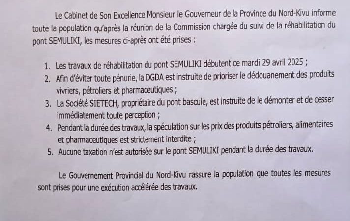 Beni: Le gouvernement du Nord-Kivu Prend des mesures décisives pour la réhabilitation du Pont Semuliki