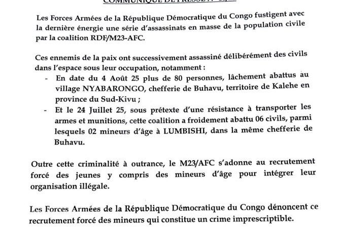 RDC : Les FARDC dénoncent une série de massacres et le recrutement forcé de mineurs par la coalition RDF/M23-AFC