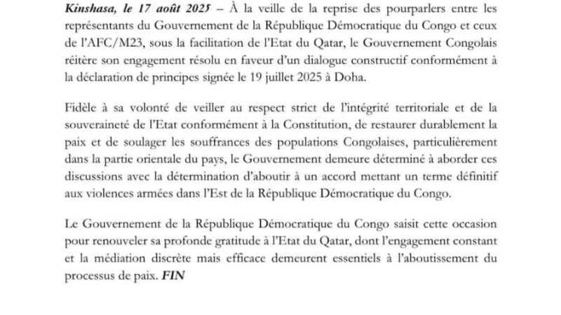 RDC : Gouvernement et AFC/M23 réaffirment leur engagement au processus de paix de Doha sous la facilitation du Qatar