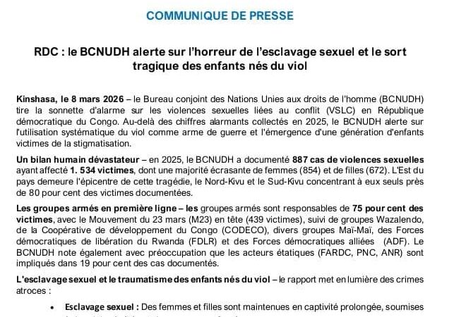 RDC : le BCNUDH alerte sur l’ampleur des violences sexuelles liées au conflit et appelle à une action urgente