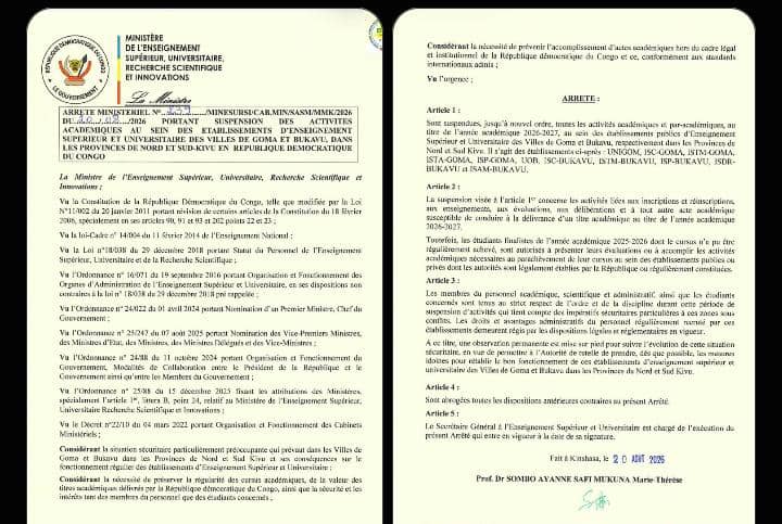 ESU : Le gouvernement suspend les activités académiques dans certains établissements publics de Goma et Bukavu